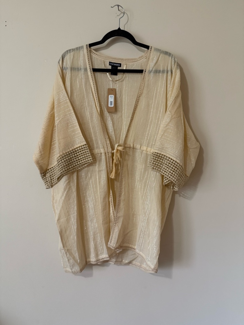 Steve Madden Cream Metallic-Striped Sheer Kimono
